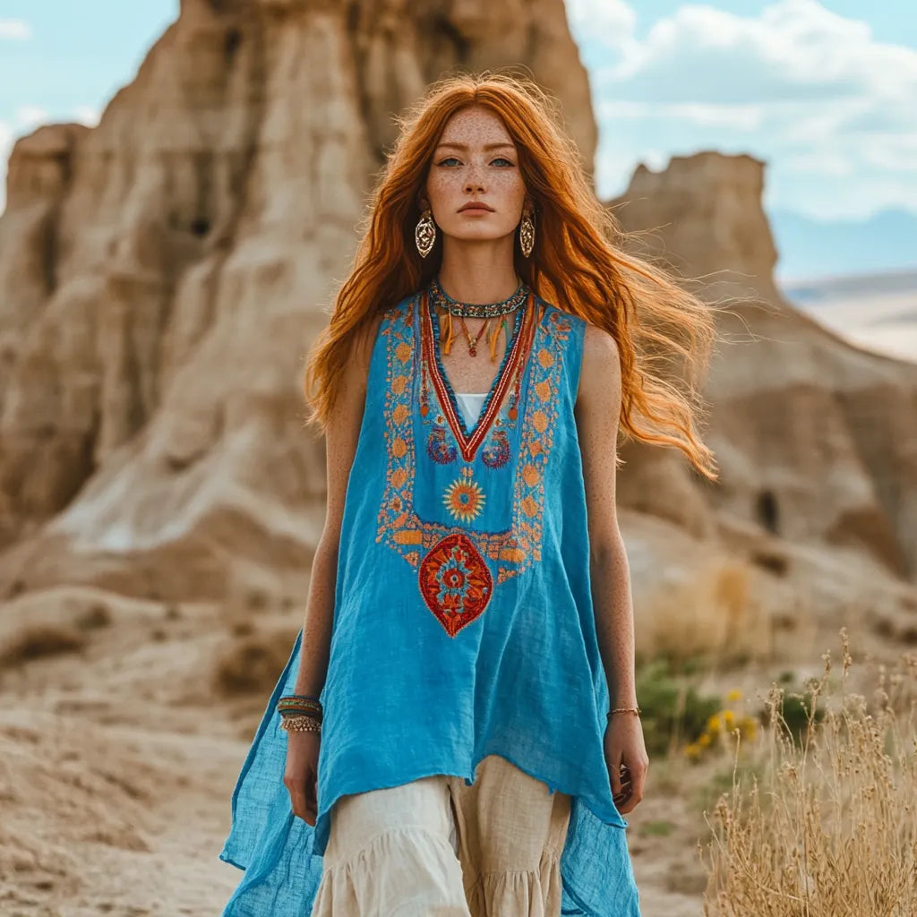 Desert Style Holiday Bohemian Vintage Linen Casual Top