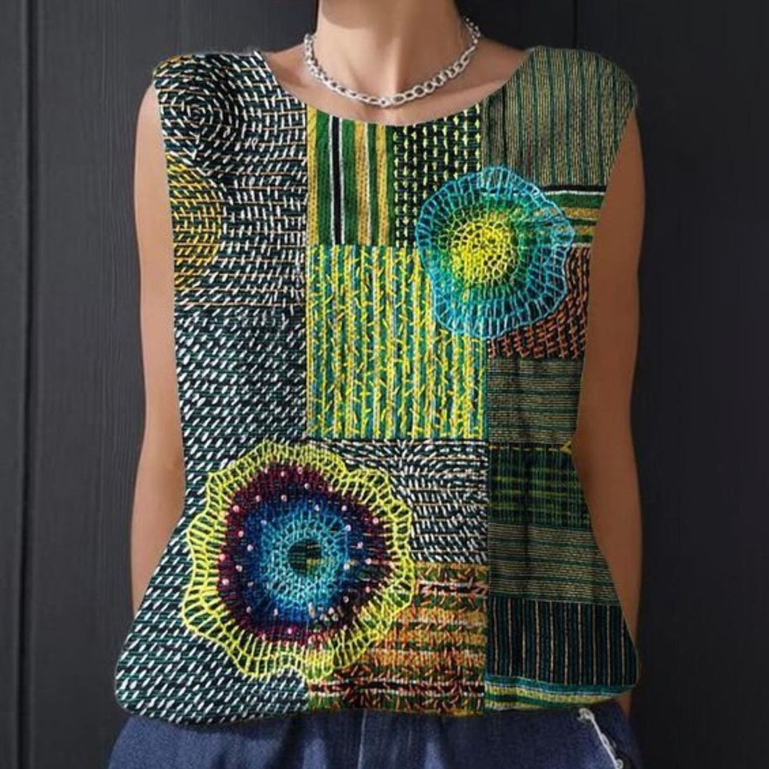 Women's Vintage Patchwork Art Print Flowy Linen Blend Casual Vest