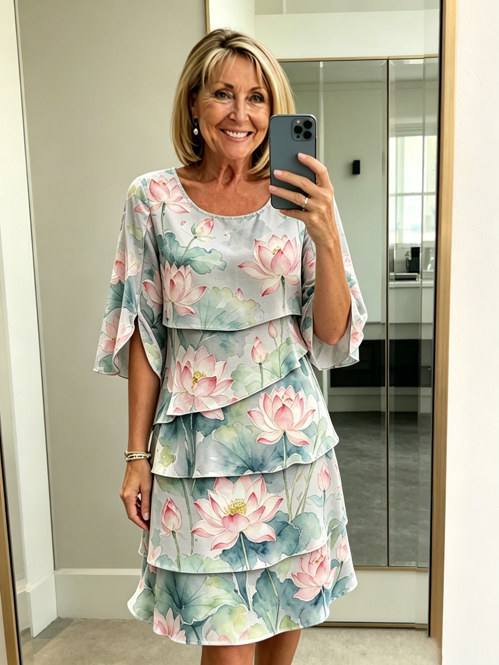 Chiffon Lotus Vacation Prints Color Round Neck Cake Skirt Splicing Dress Mid-length