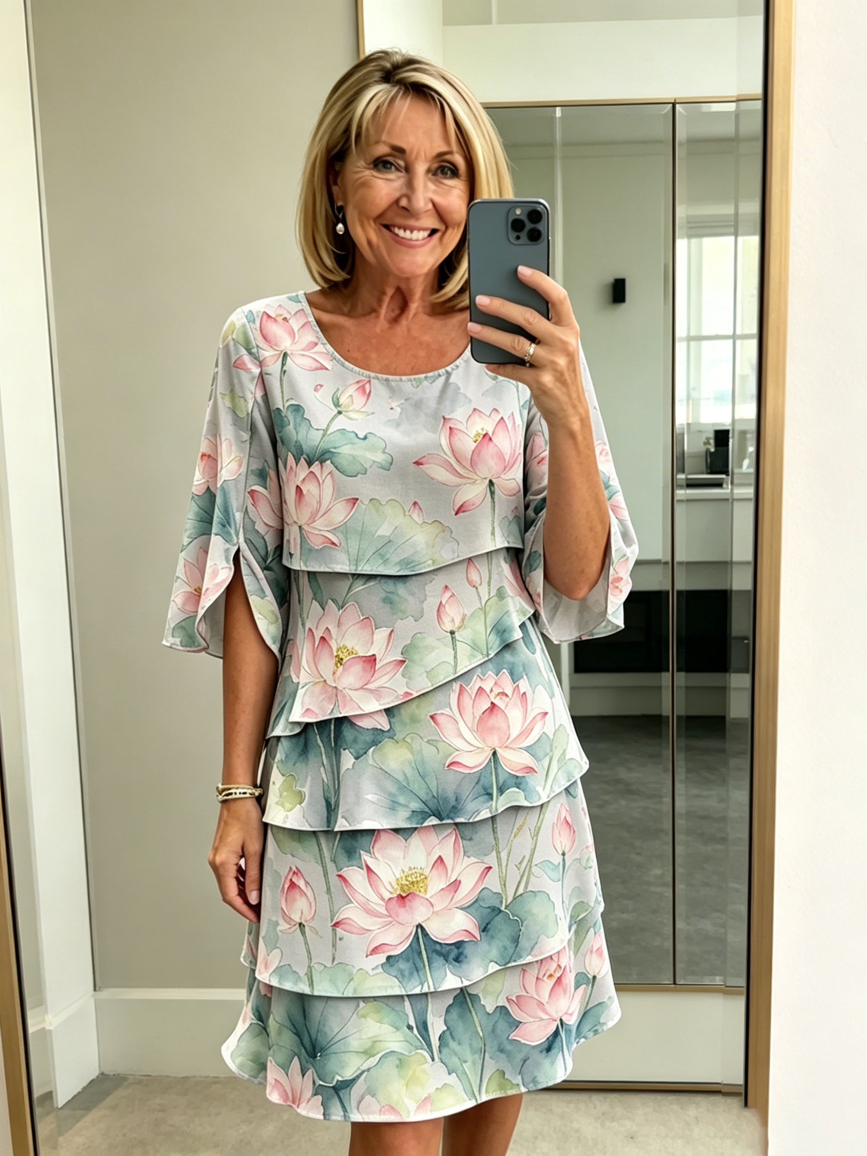 Chiffon Lotus Vacation Prints Color Round Neck Cake Skirt Splicing Dress Mid-length