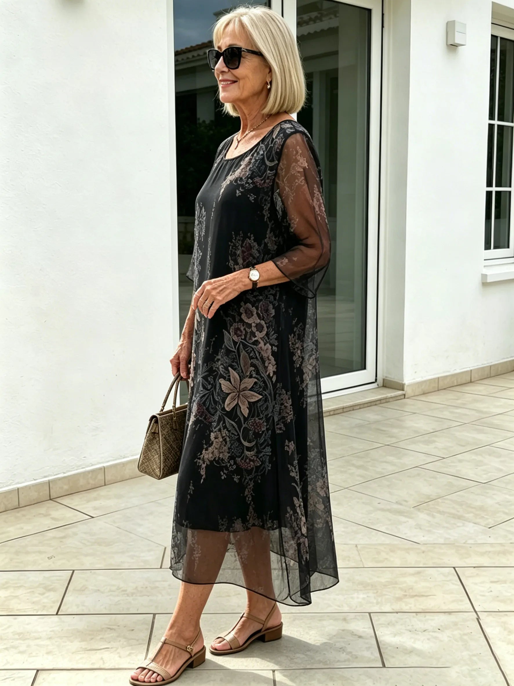 Black Floral Chiffon Midi Dress, Loose Tummy Hiding 3/4 Sleeve Printed Dress for Mature Women