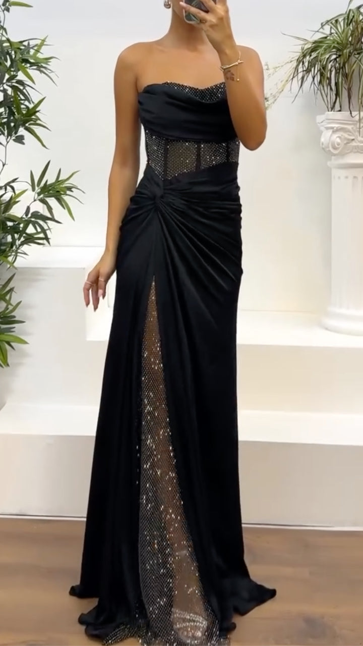 Black Strapless Rhinestone Satin Prom Gown