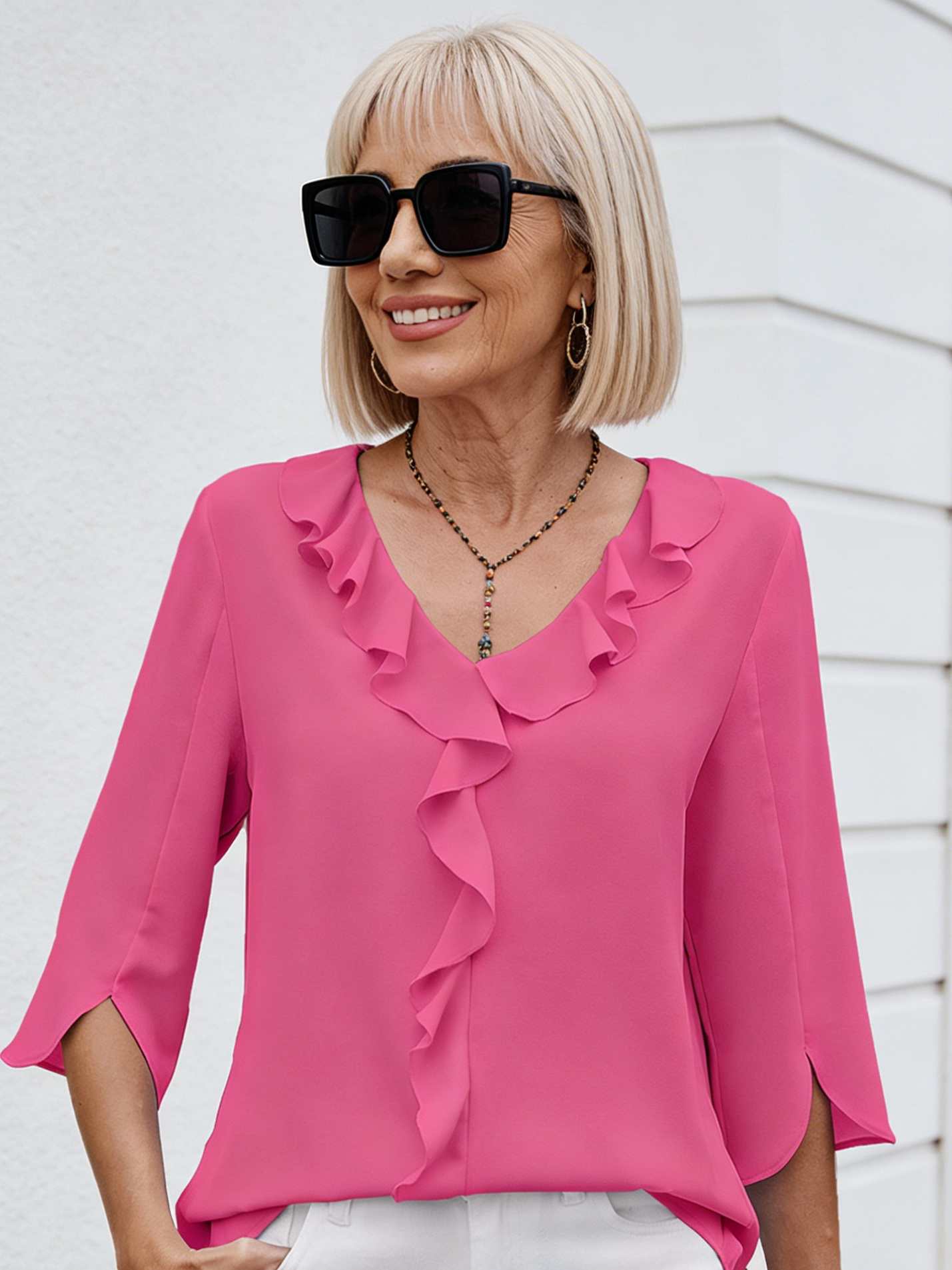 Chiffon Shirt Medium Sleeve V-neck Pleated Ruffle Edge Loose Women's Top