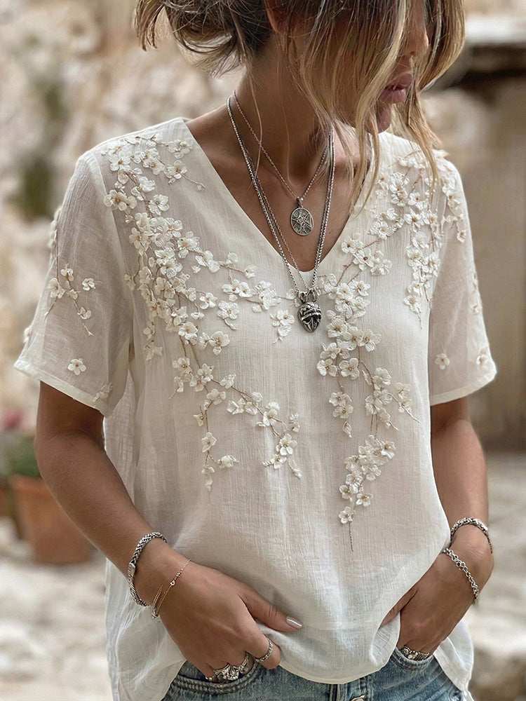 Women's Vintage Floral Art V Neck Short Sleeve Linen Blend T-shirt