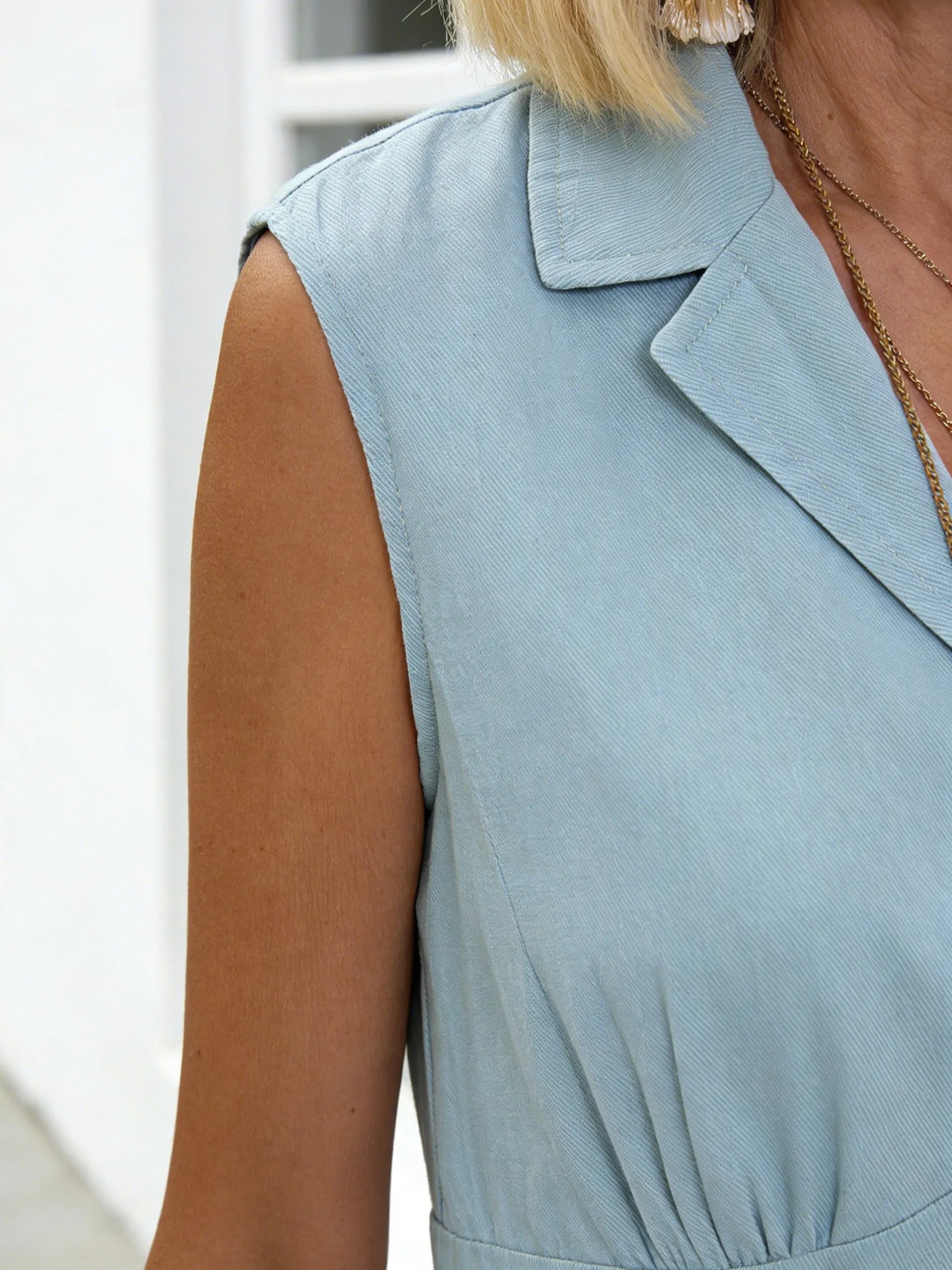 Long Dress Polo Neck Suit Collar Solid Color Button Sleeveless Dress