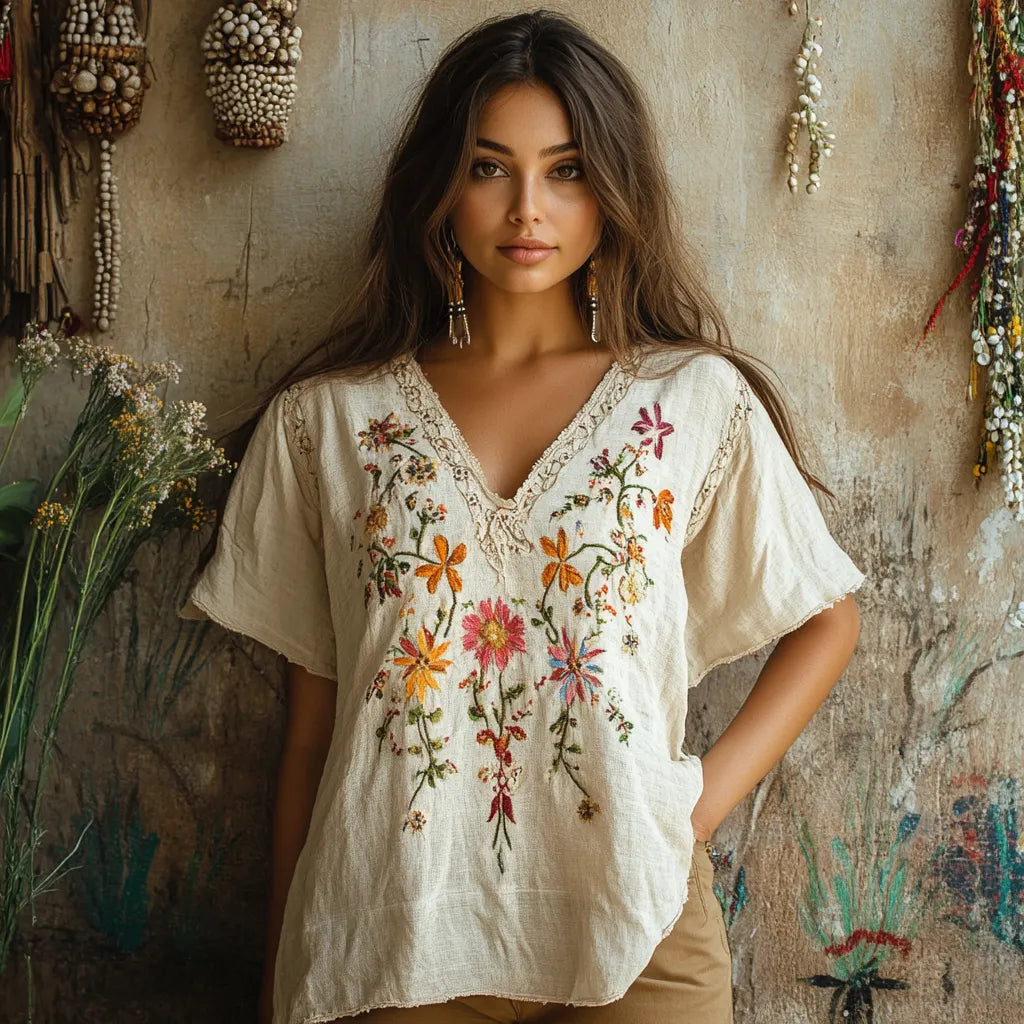 Women's Vintage Bohemian Floral Print V Neck T-shirt