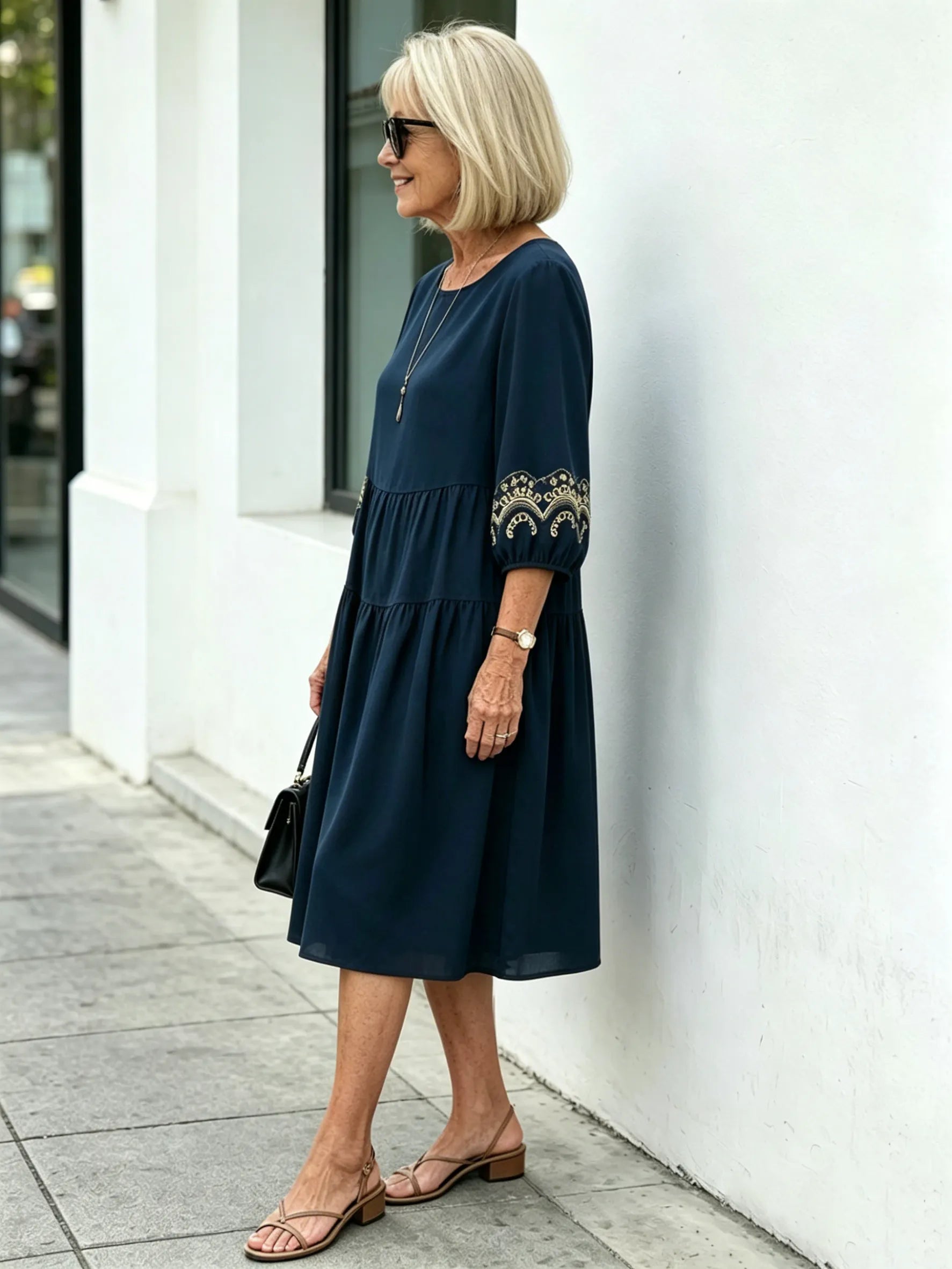 Navy Blue Tiered Midi Dress, Gold Embroidered 3/4 Sleeve Round Neck Loose Tummy Concealing Elegant Dress