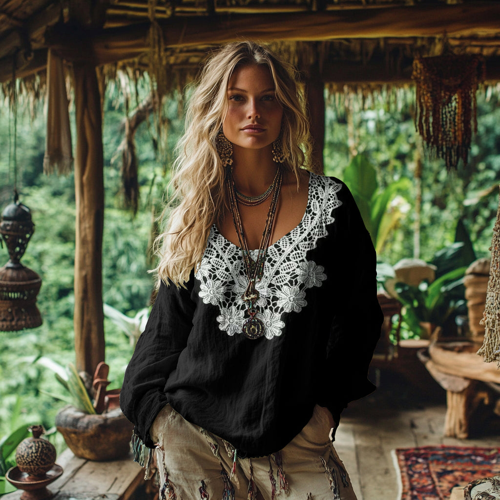 Retro Bohemian Resort Lace Pattern Art Embroidery Cotton And Linen Blend Loose Blouse