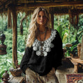 Retro Bohemian Resort Lace Pattern Art Embroidery Cotton And Linen Blend Loose Blouse