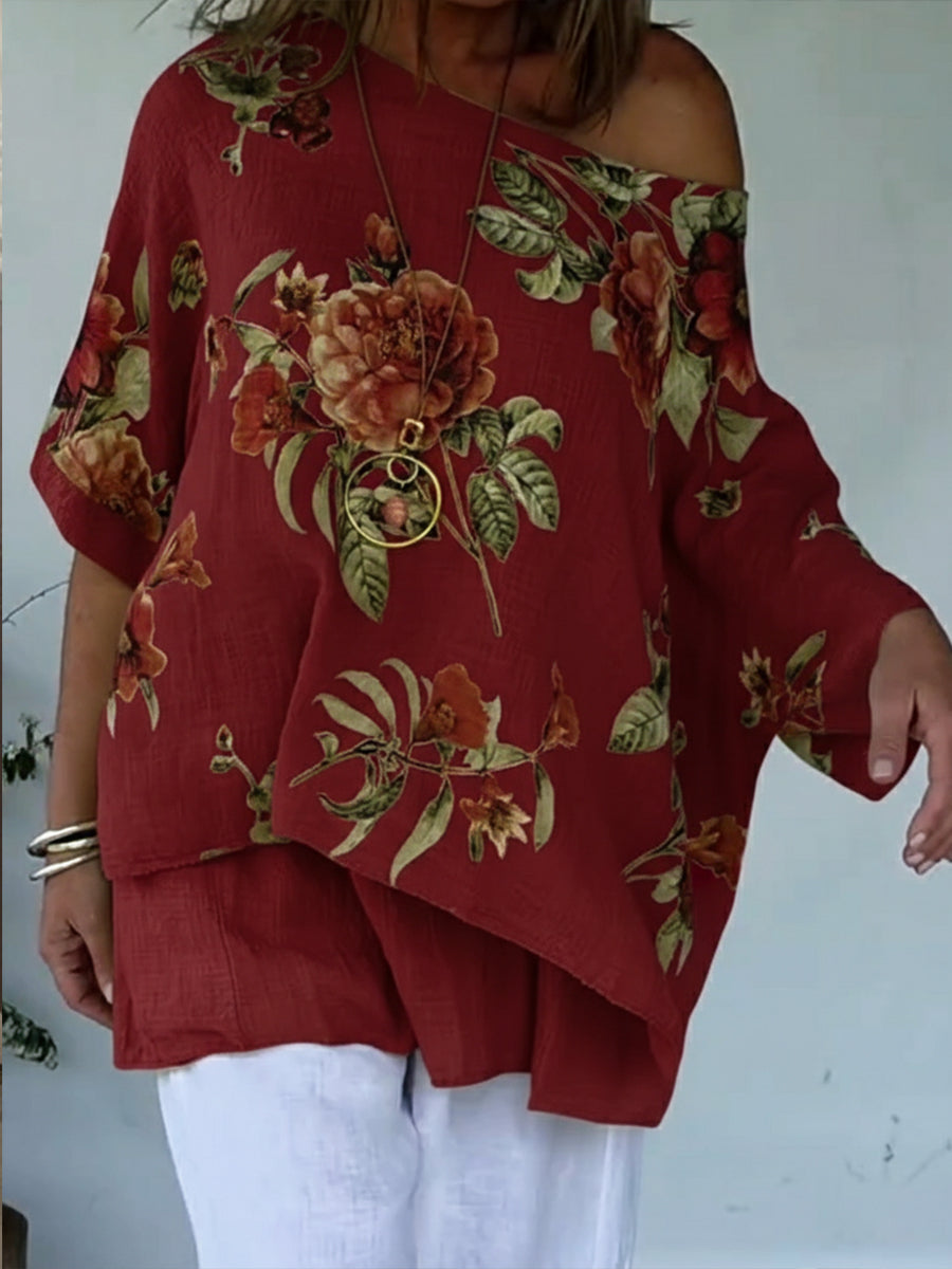 Loose And Cozy Floral Print Linen And Cotton Top