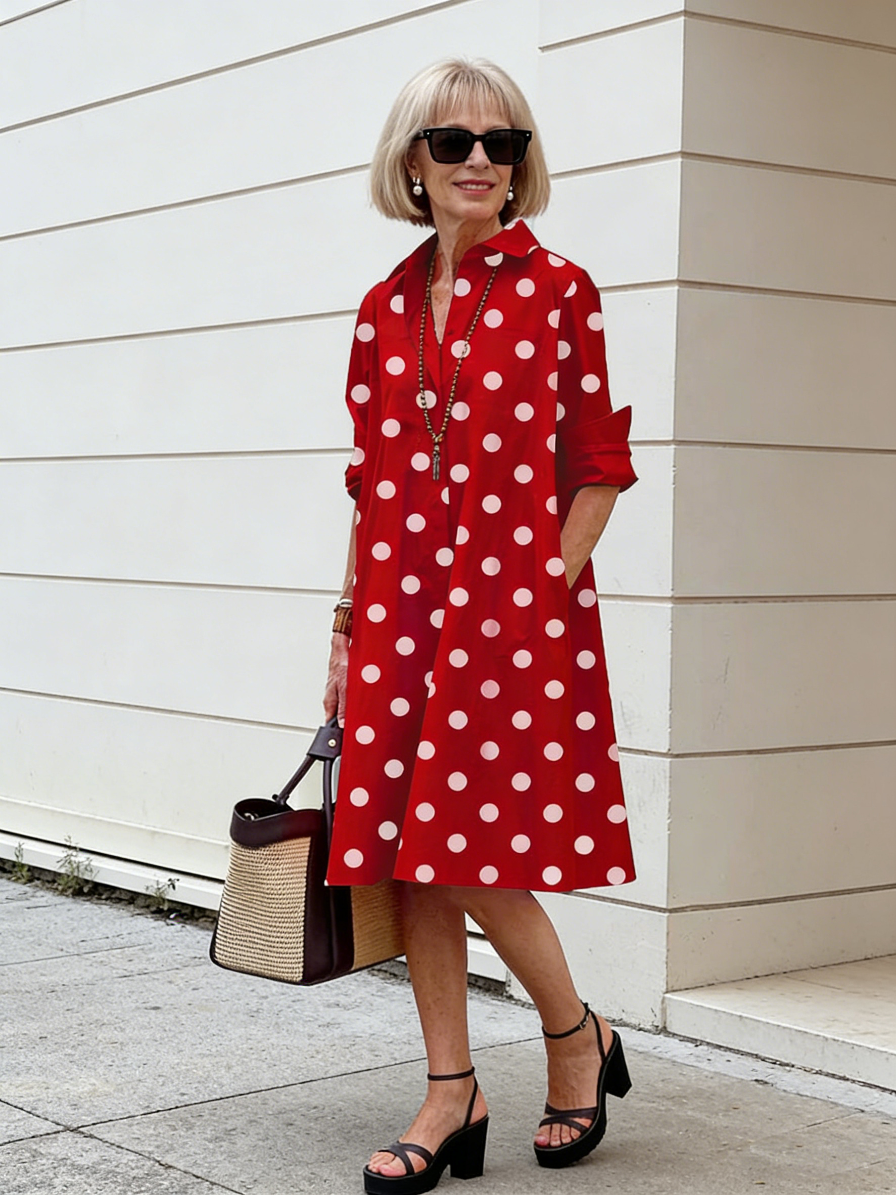 Holiday Bohemian Maxi DressDot Printed Mid-Length Long Sleeve Shirt Dress for Women