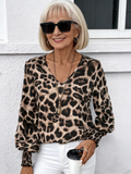 V-neck Leopard Print Loose Long-sleeved Casual Shirt Chiffon Top