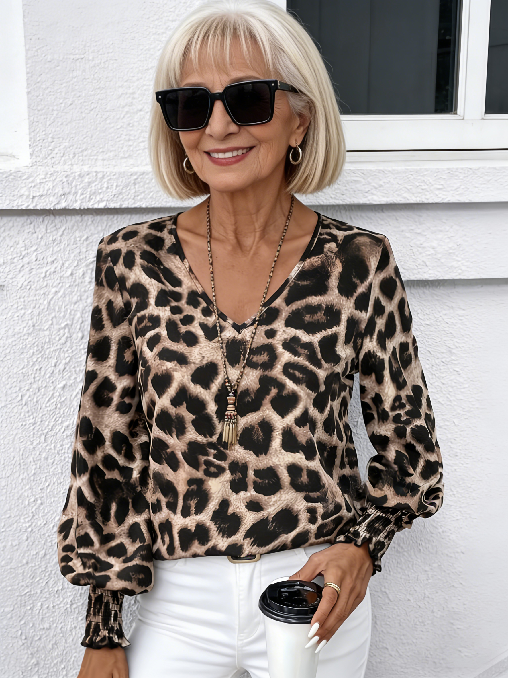 V-neck Leopard Print Loose Long-sleeved Casual Shirt Chiffon Top