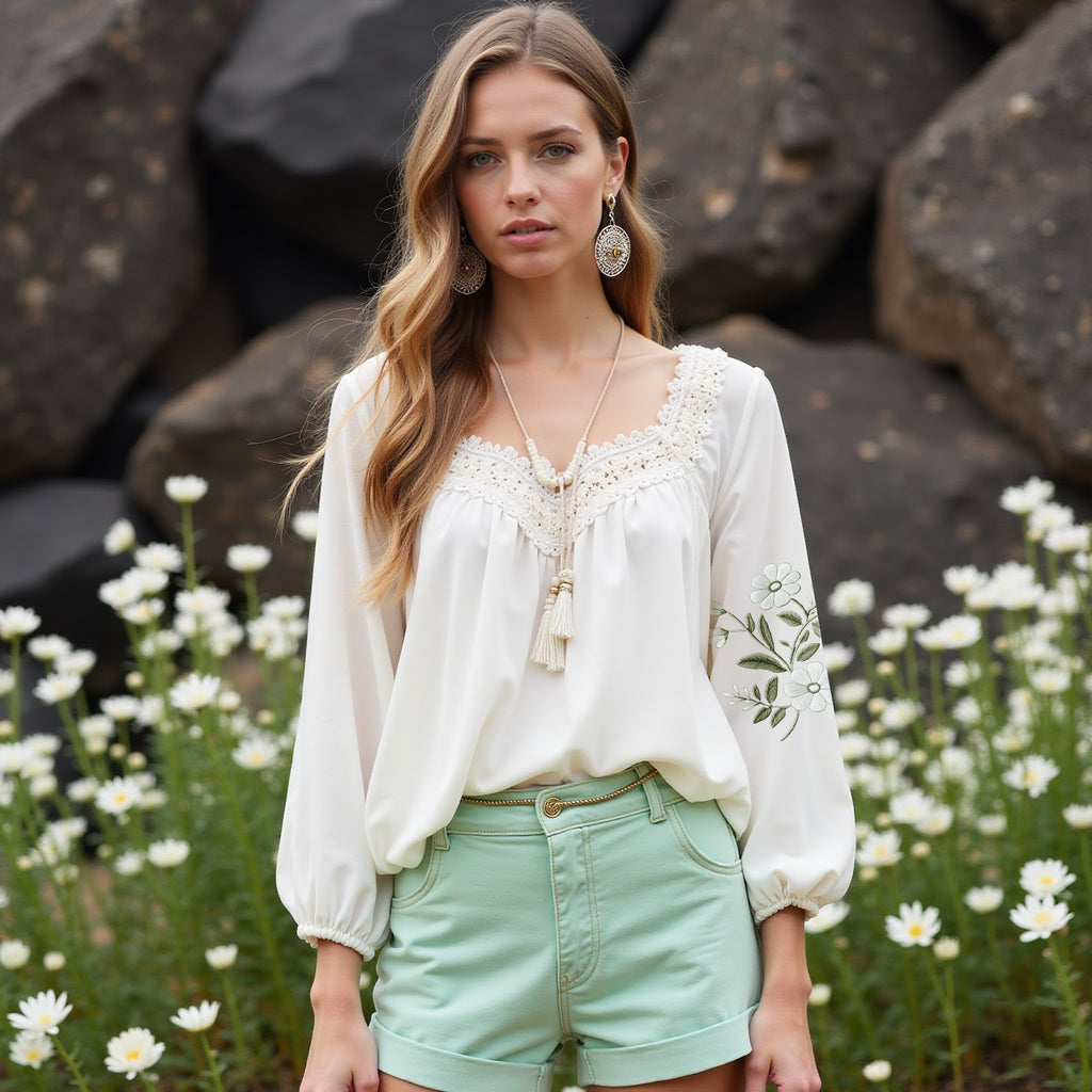 Women's Elegant Flower Embroidered Long Sleeve Shirt
