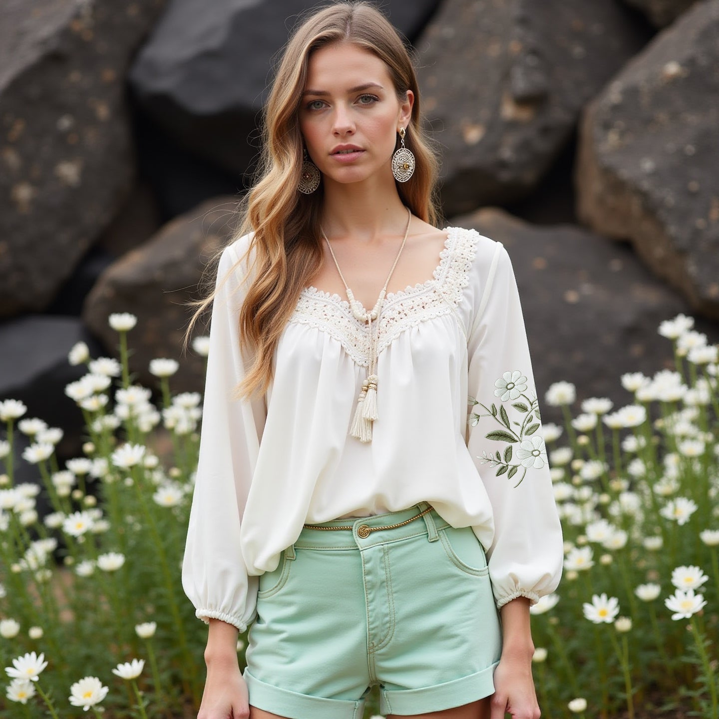 Women's Elegant Flower Embroidered Long Sleeve Shirt