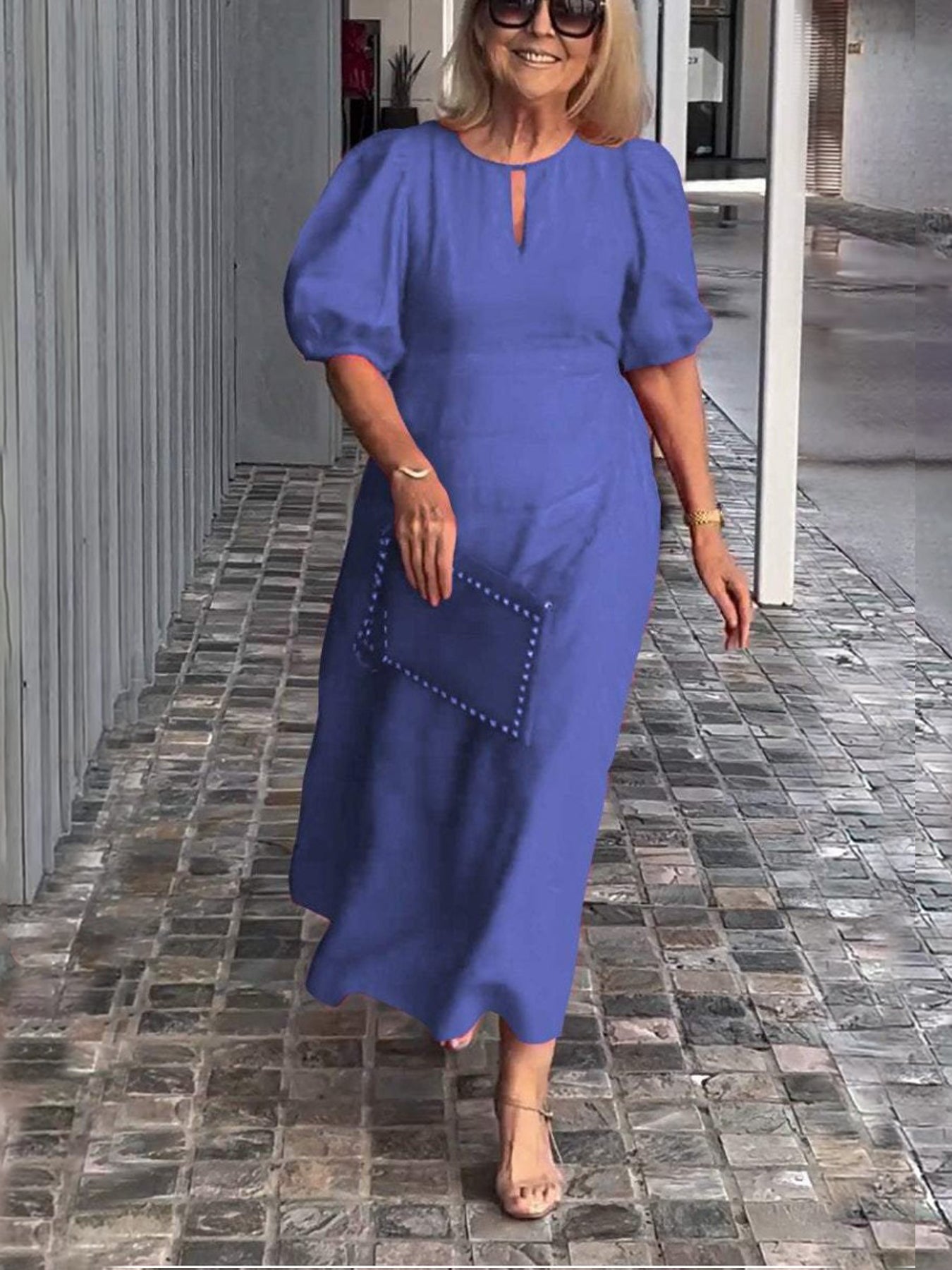 Evening Dress Formal Dress Solid Color Loose-Fitting Casual Round-Neck Small Lantern Sleeves