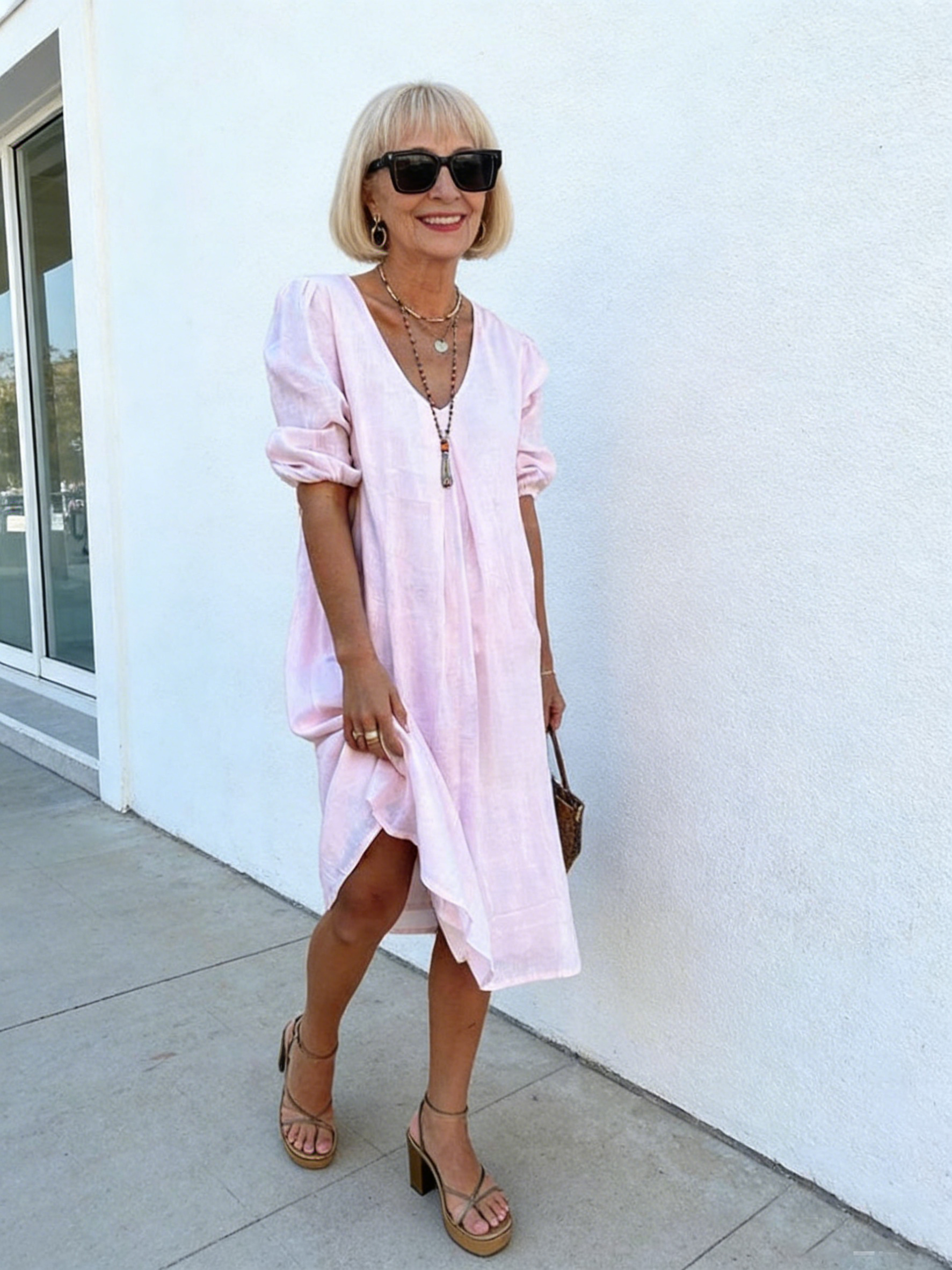 Blue Deep V Cotton and Linen Dress