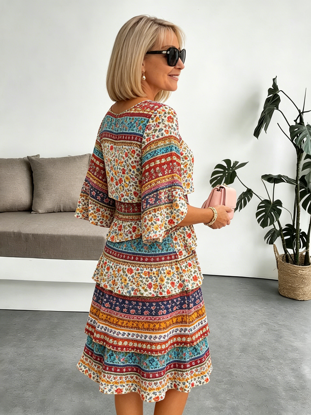 Chiffon Paisley Vacation Prints Color Round Neck Cake Skirt Splicing Dress Mid-length