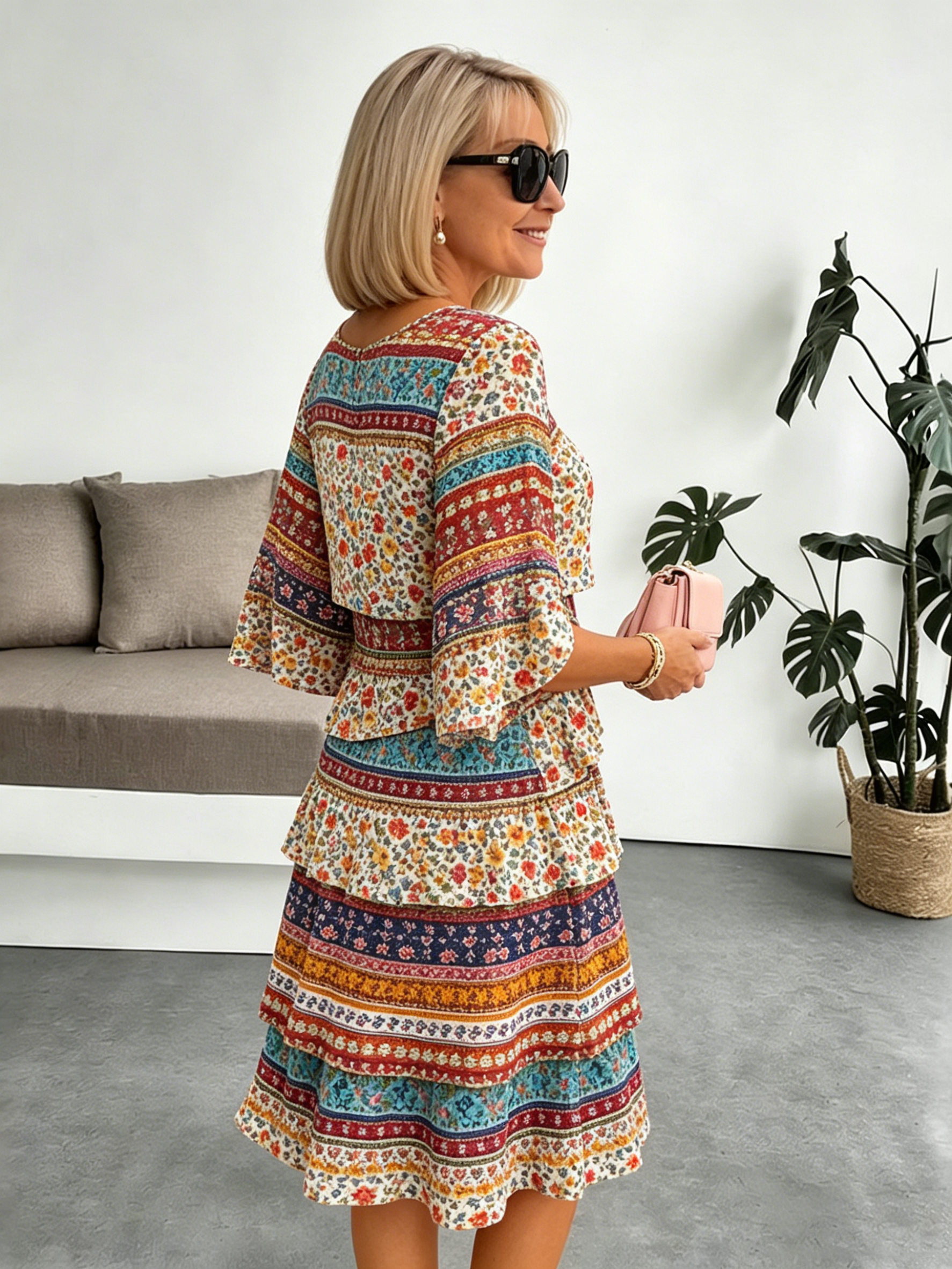 Chiffon Paisley Vacation Prints Color Round Neck Cake Skirt Splicing Dress Mid-length