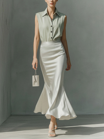 Women’s Sage Green Sleeveless Collared Shirt & Ivory Satin Mermaid Midi Skirt Two-Piece Set MDZ2812D0T