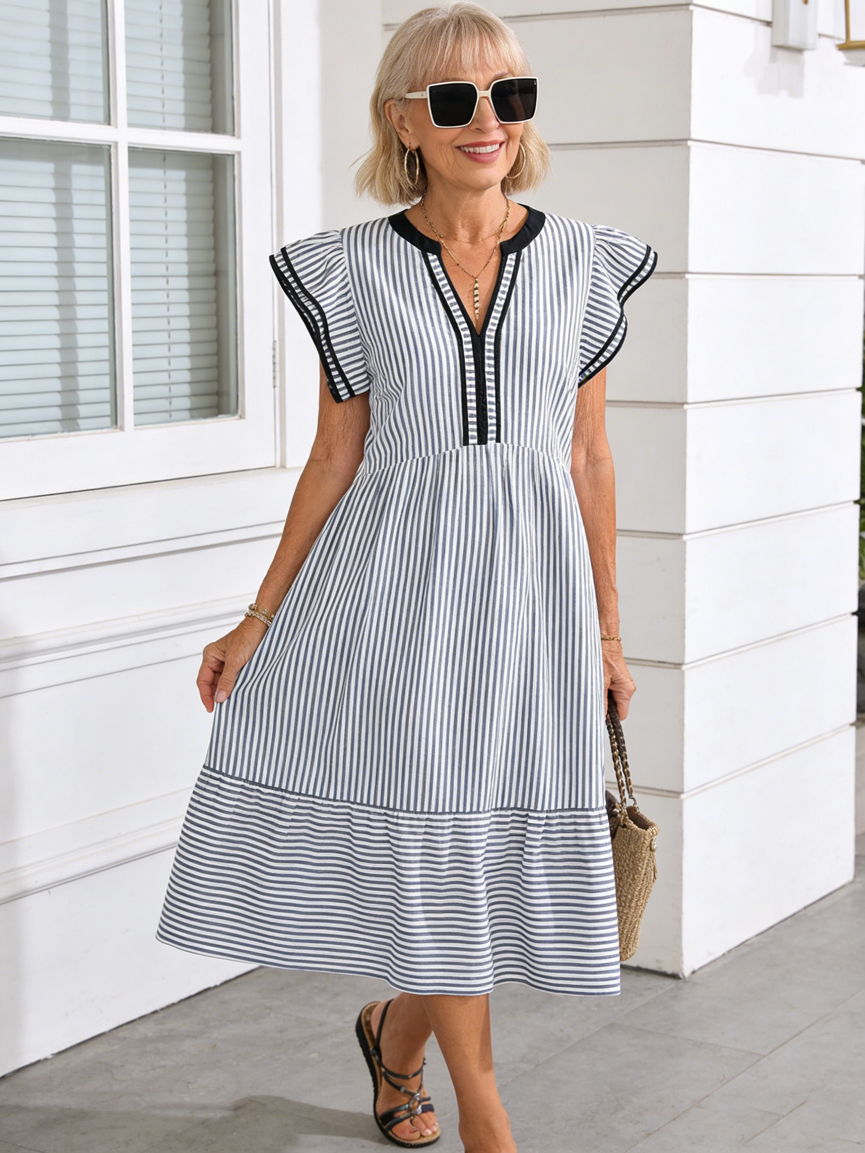 Striped Double Frilly Short Sleeve Contrast V-Neck Skirt