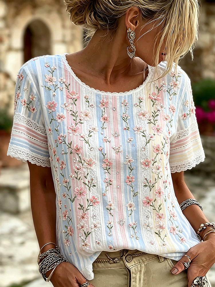 Women's Cherry Blossom And Lace Art Rhinestone Striped Comfortable Linen Blend Casual Round Neck Short Sleeve Top