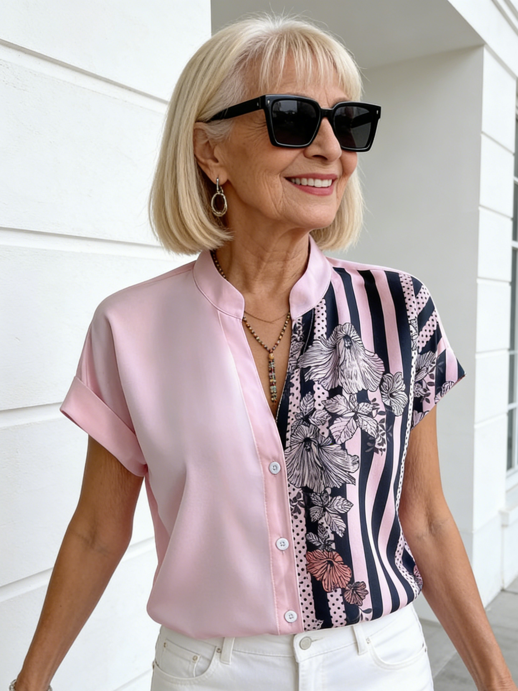 Double-spell Contrasting Floral Button-up Cardigan Short-sleeved Shirt