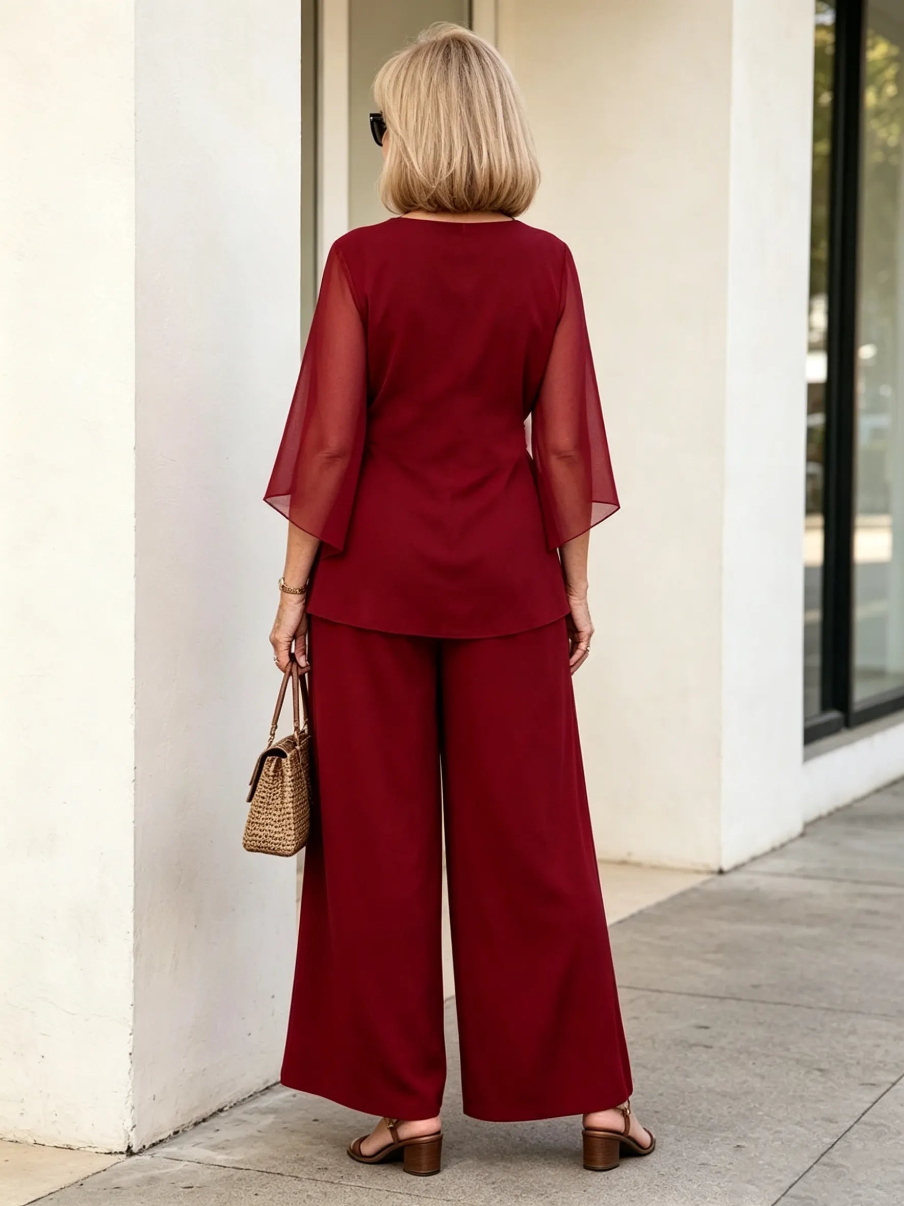 2Pcs Light Blue Chiffon 2 Piece Outfit, Irregular Twist Flare Sleeve Top & Wide Leg Pants Set for Mature Women