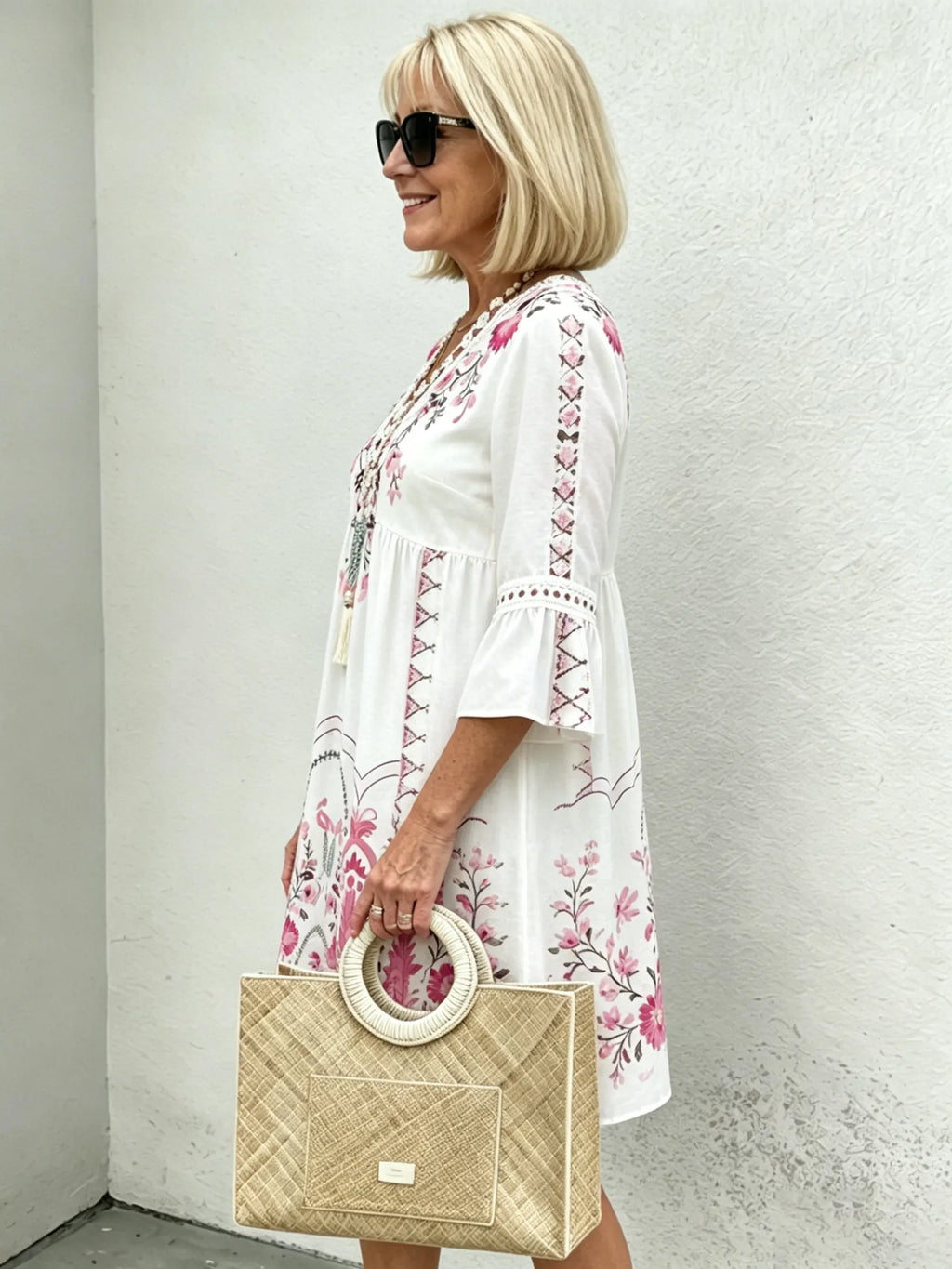 V-neck Printed Lace Stitching Bohemian Casual Vacation Style Dress
