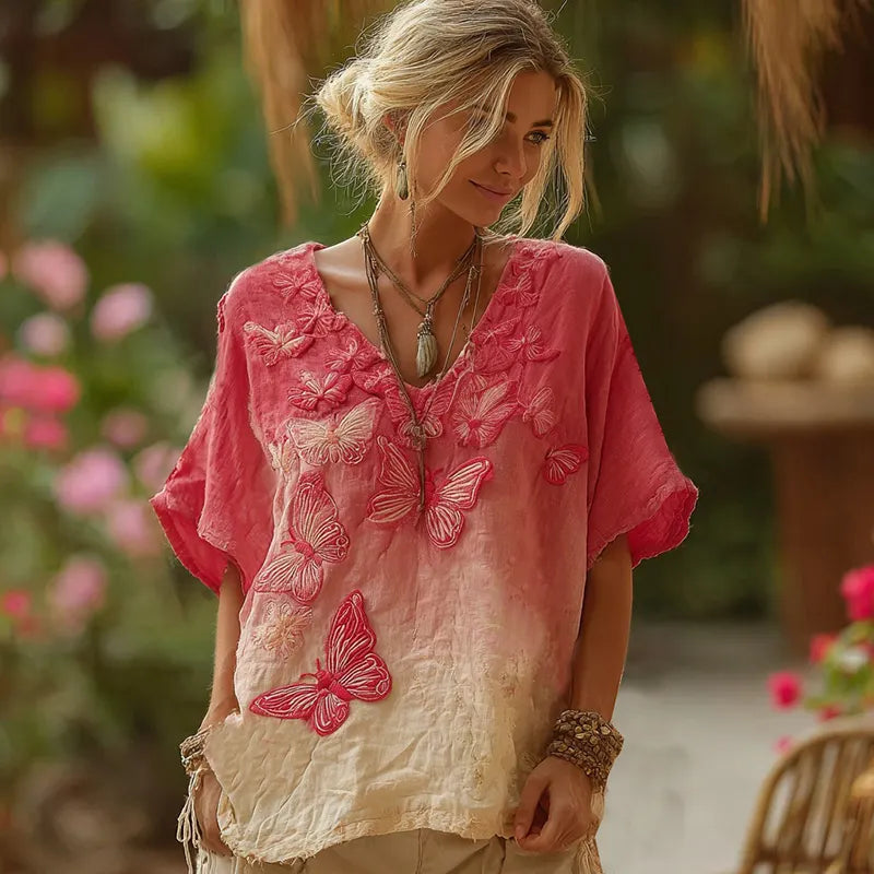 Vintage Floral Embroidery Art Short Sleeve Linen Blend T-shirt
