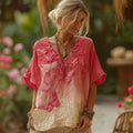 Vintage Floral Embroidery Art Short Sleeve Linen Blend T-shirt