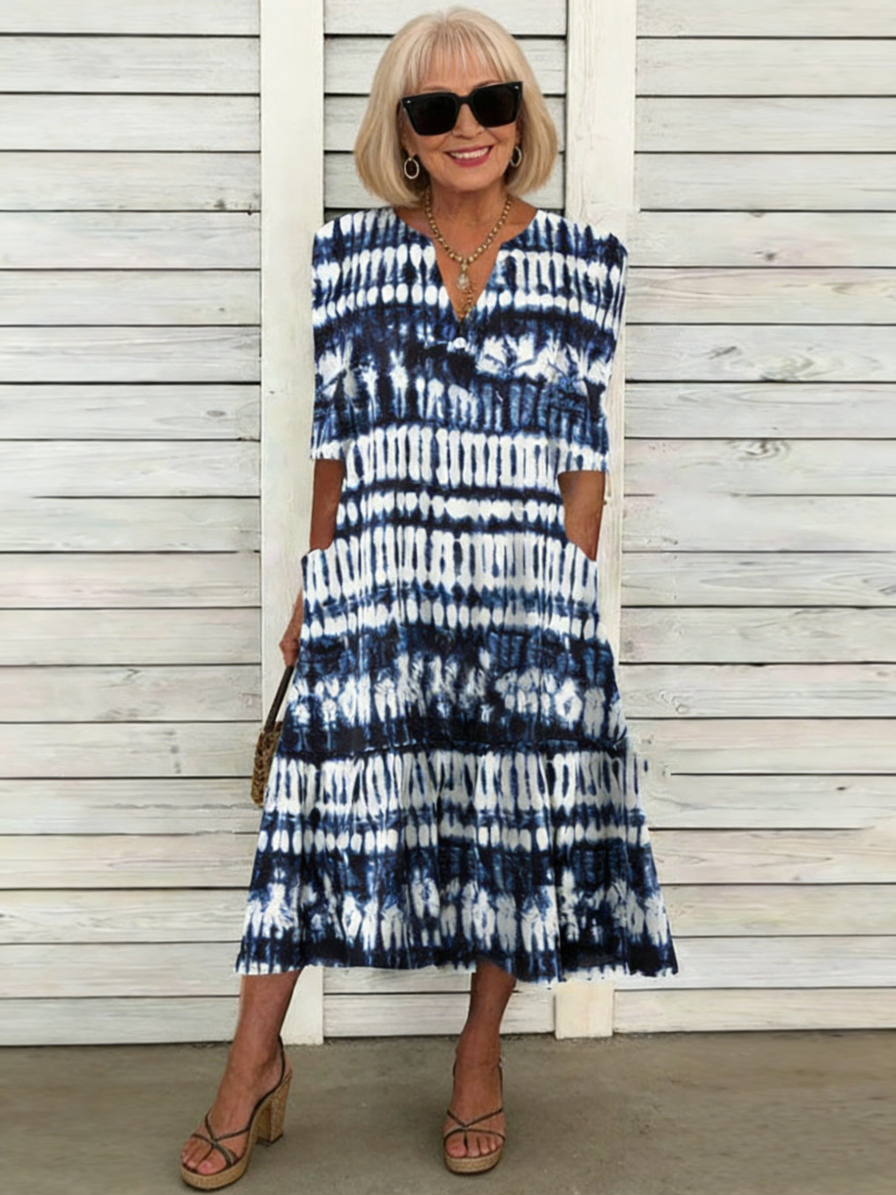 Positioning Printed Button Medium Sleeve Dress