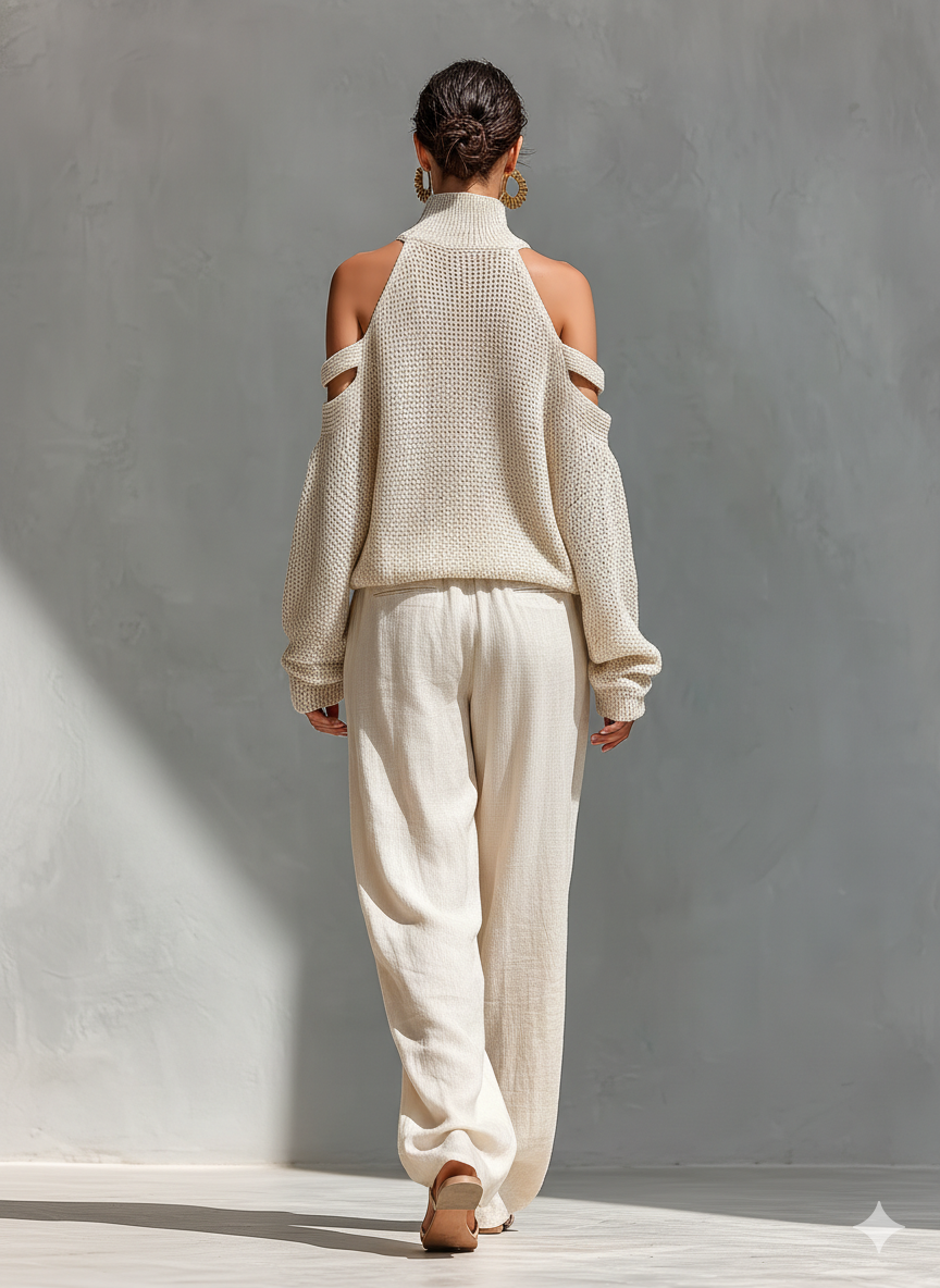 Women’s Beige Linen-Blend High-Waisted Pocketed Wide-Leg Pants MDZ1228A6T