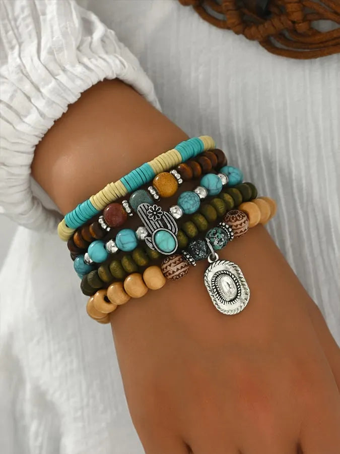 Women's Bohemian Turquoise Wood Beads Alloy Accessories Elastic Wire Bracelet