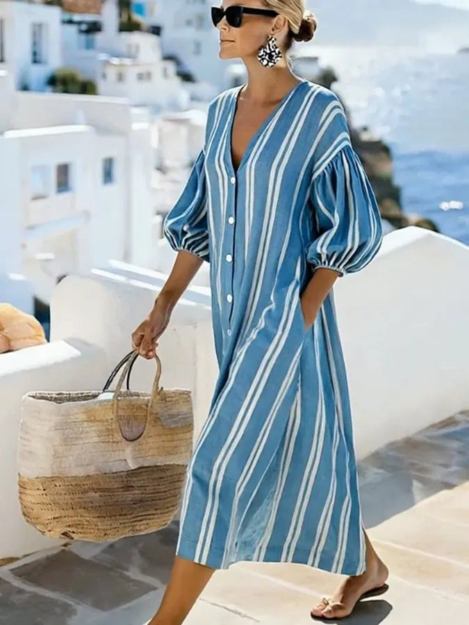 Women'S Casual Color-Block Cotton And Linen Dress