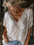 Vintage Silver White Cherry Blossom Art Embroidery Cotton Linen V-neck Short Sleeve Top