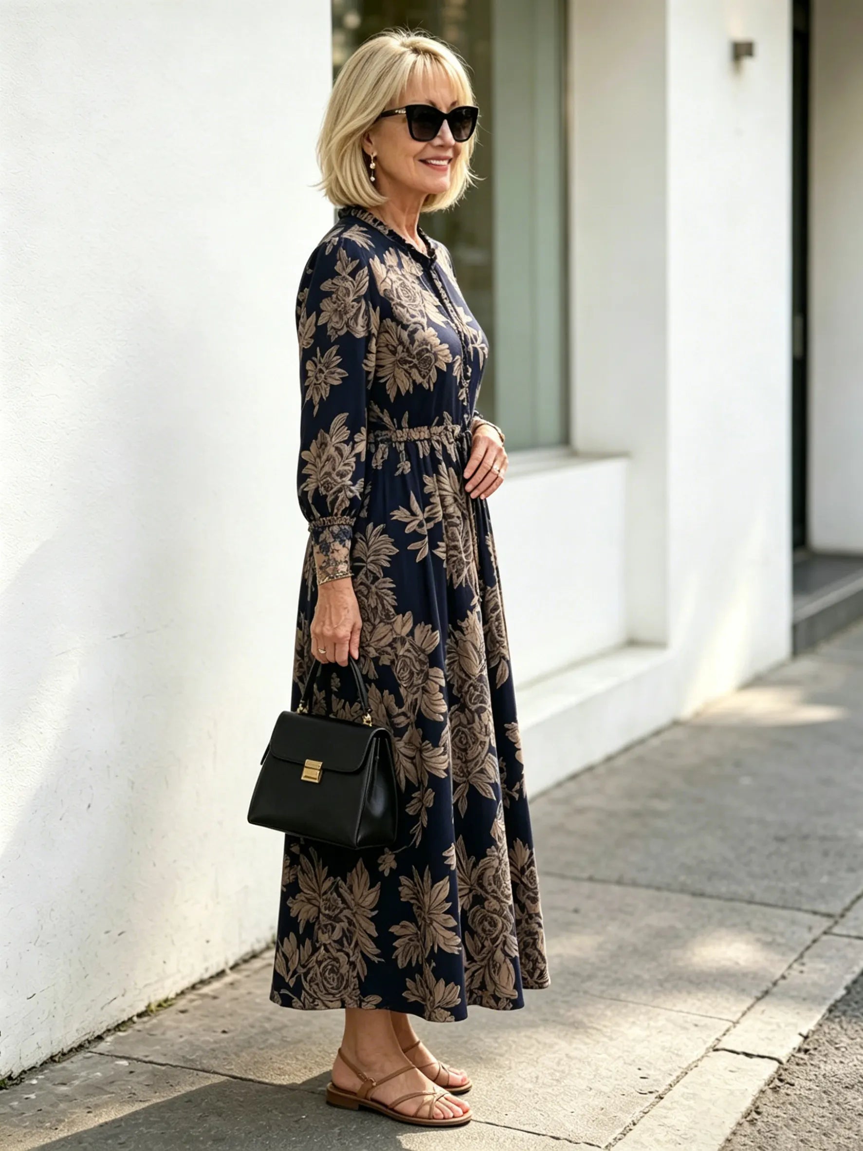 Navy Vintage Floral Maxi Dress, Ruffle Neck 3/4 Sleeve Elastic Waist Slimming Dress for Mature Women