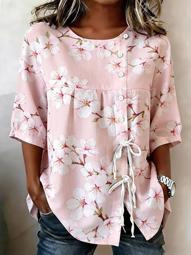 Women's Cherry Blossom Pattern Short-sleeve Top