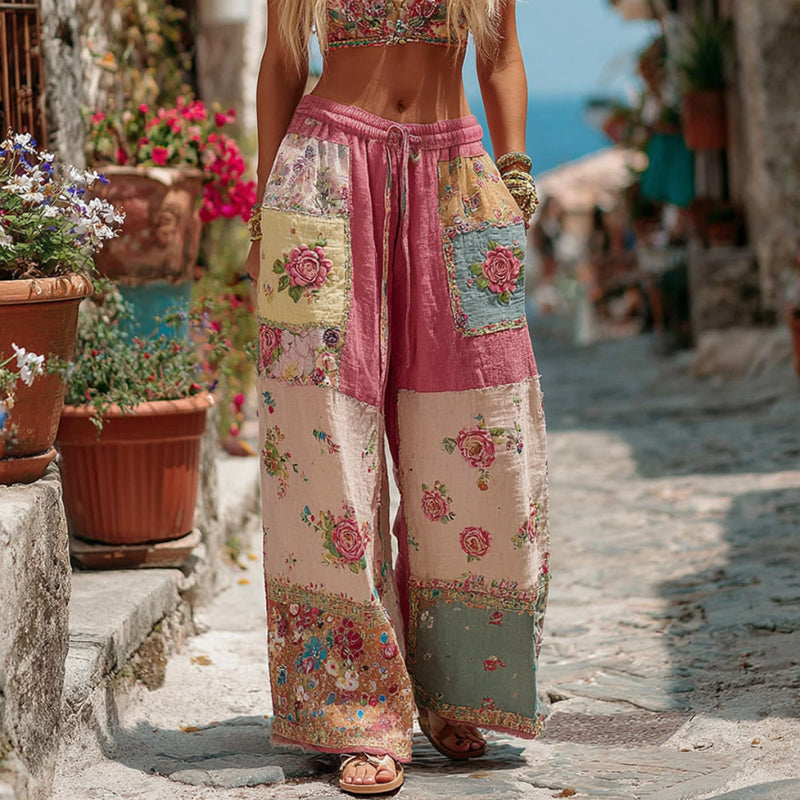 Vintage Retro Rose And Floral Patchwork Art Linen Pants