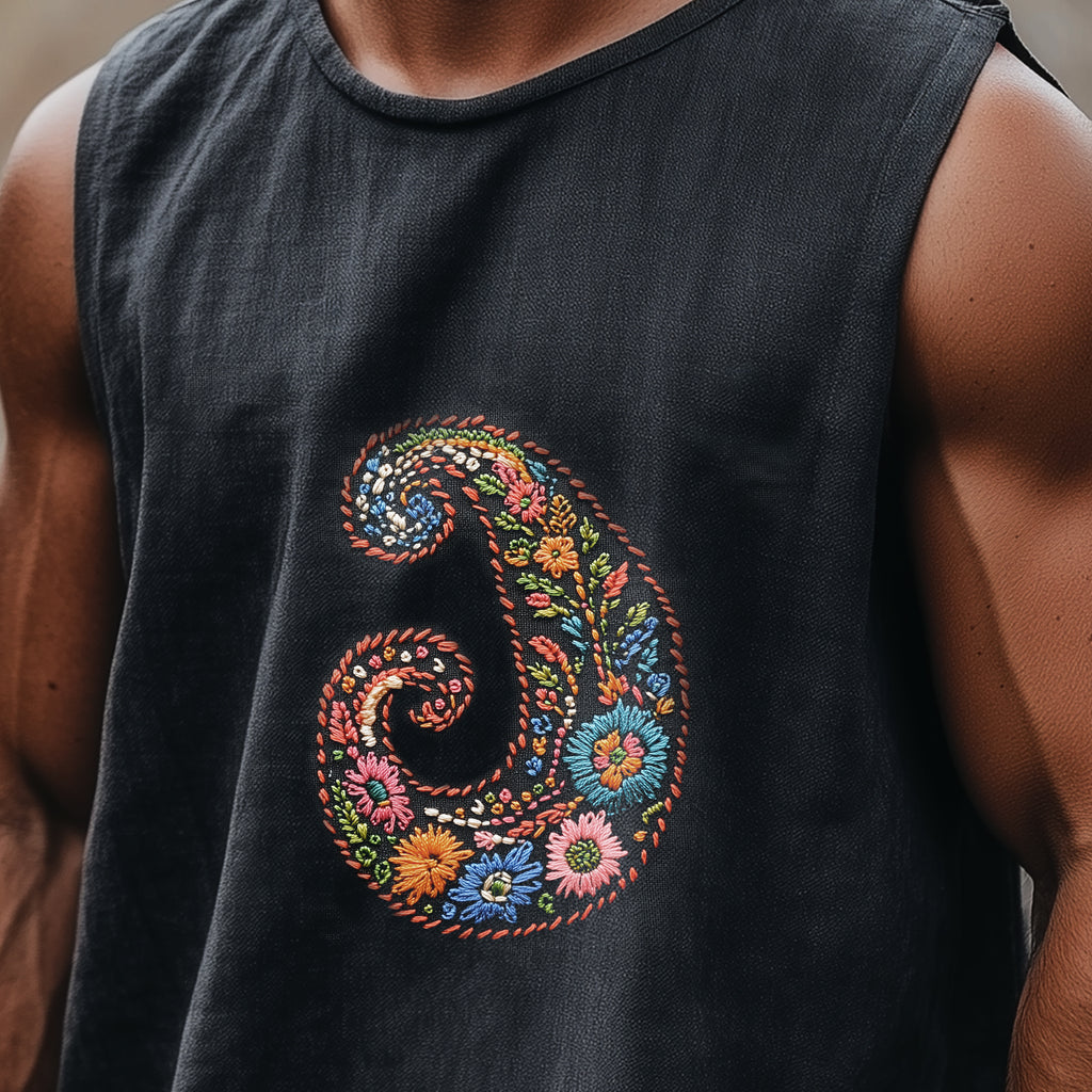 Men's Casual Retro Cotton And Linen Embroidered Vest Tops