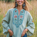 Women's Mexican Embroidery Style Bohemian Embroidered Floral Shirt