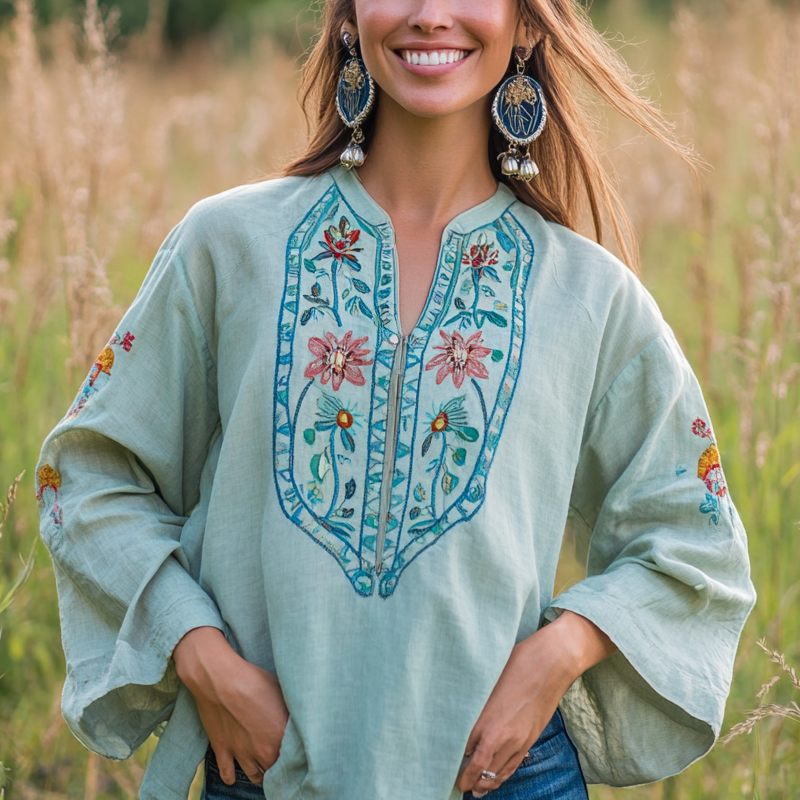 Women's Mexican Embroidery Style Bohemian Embroidered Floral Shirt