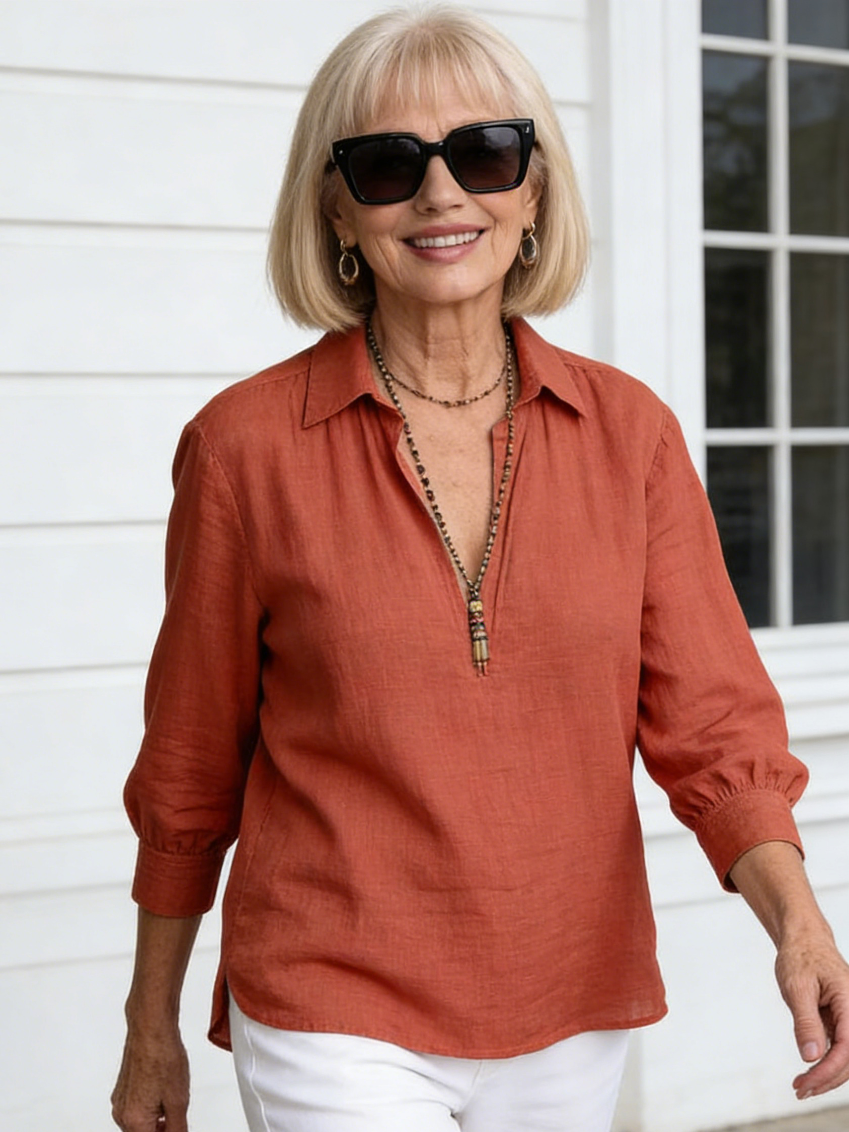 Shirt Collar Pullover Solid Cotton Linen Zipper Loose Women's Shirt