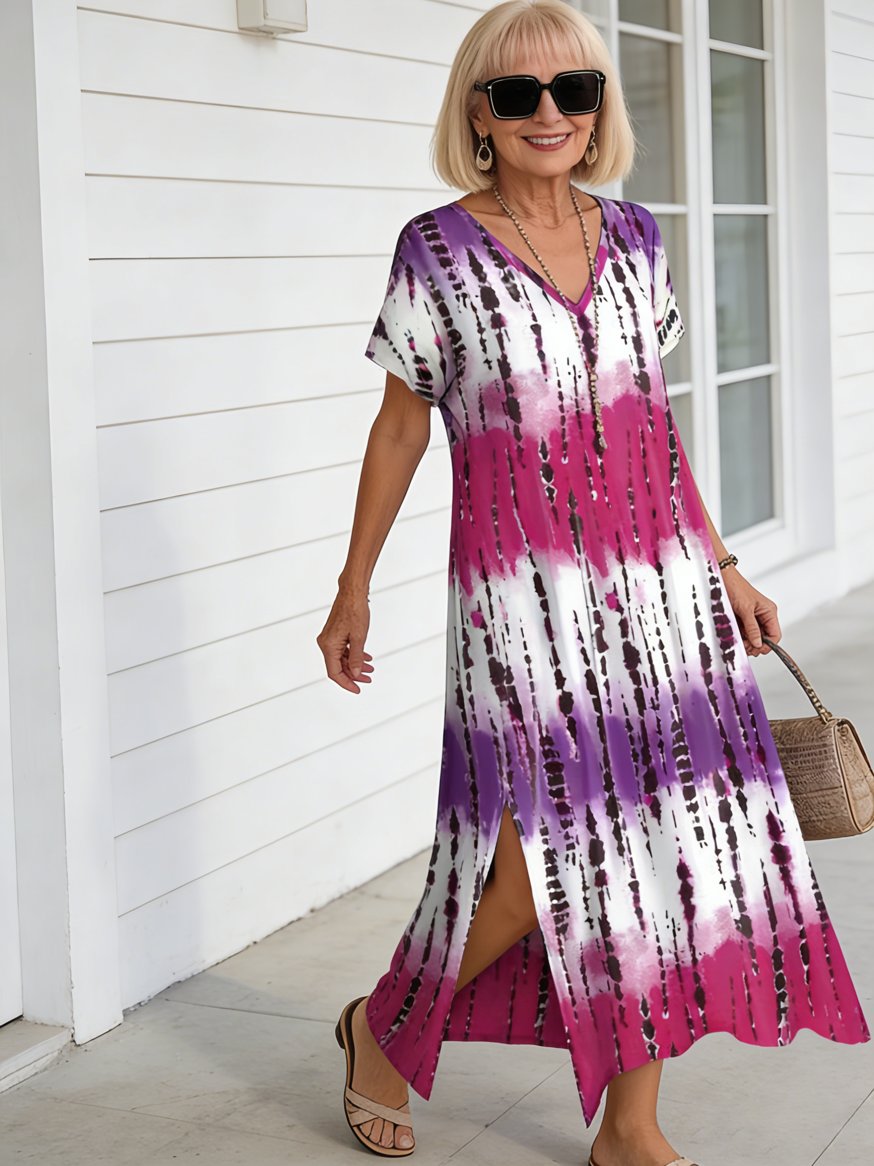 Tie Dye V-neck Dress, Elegant Split Short Sleeve Dress For Spring & Summer, Women's Clothing