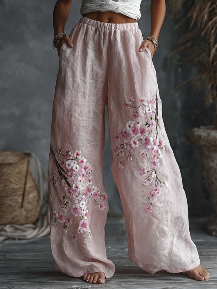 Women's Japanese Floral Pattern Linen Casual Pants