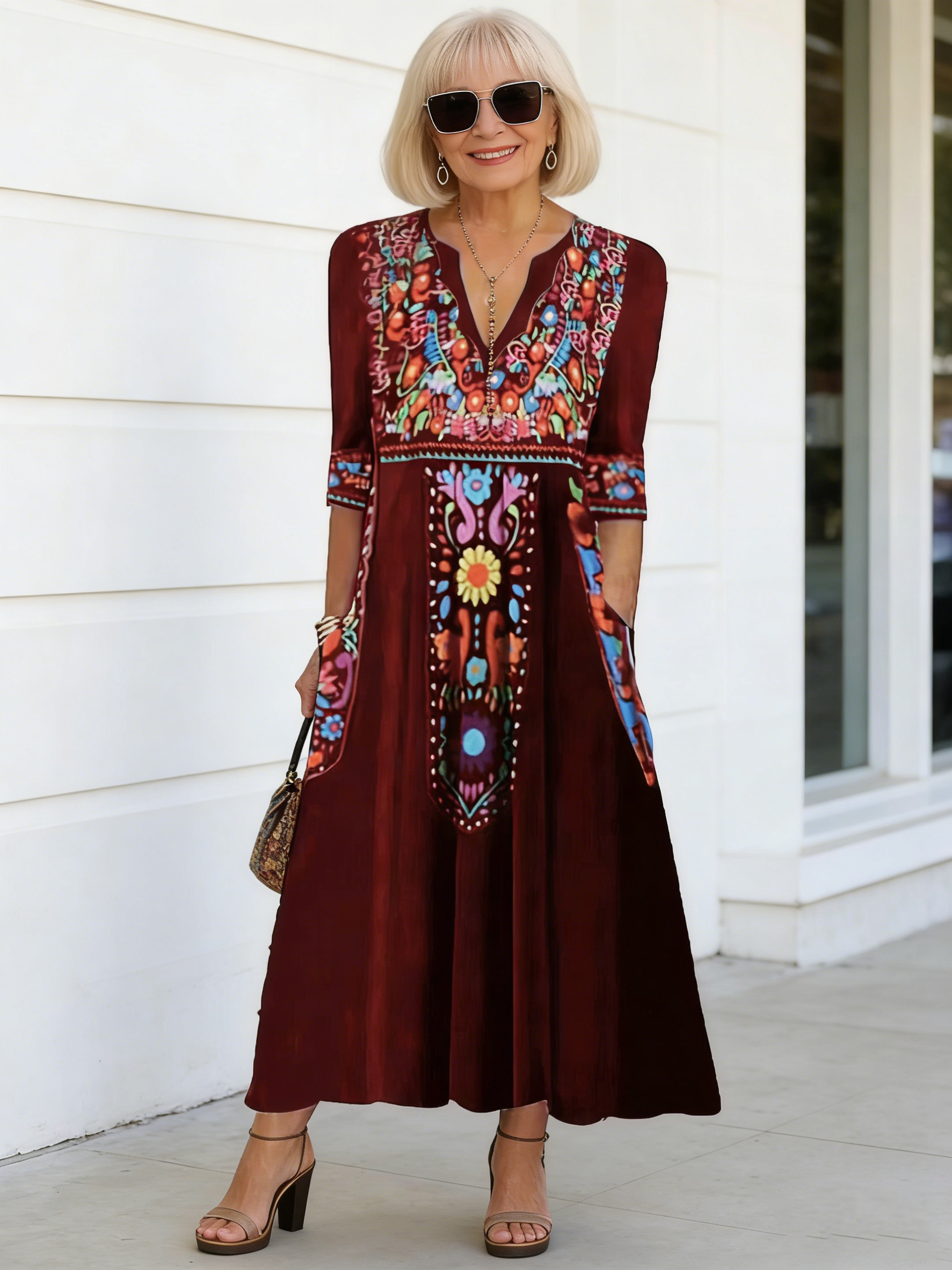 V-neck Pocket Bohemian Print Seven-quarter Sleeve Dress