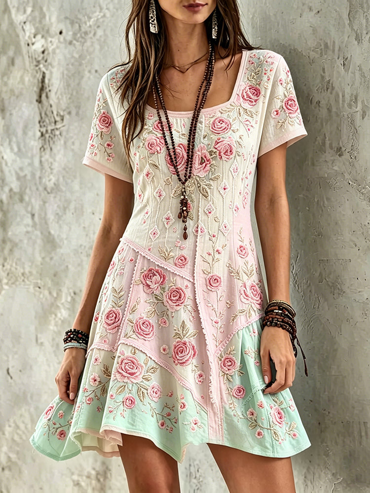 Women's Retro Rose Floral Embroidery Pattern Short Sleeve Linen Dress