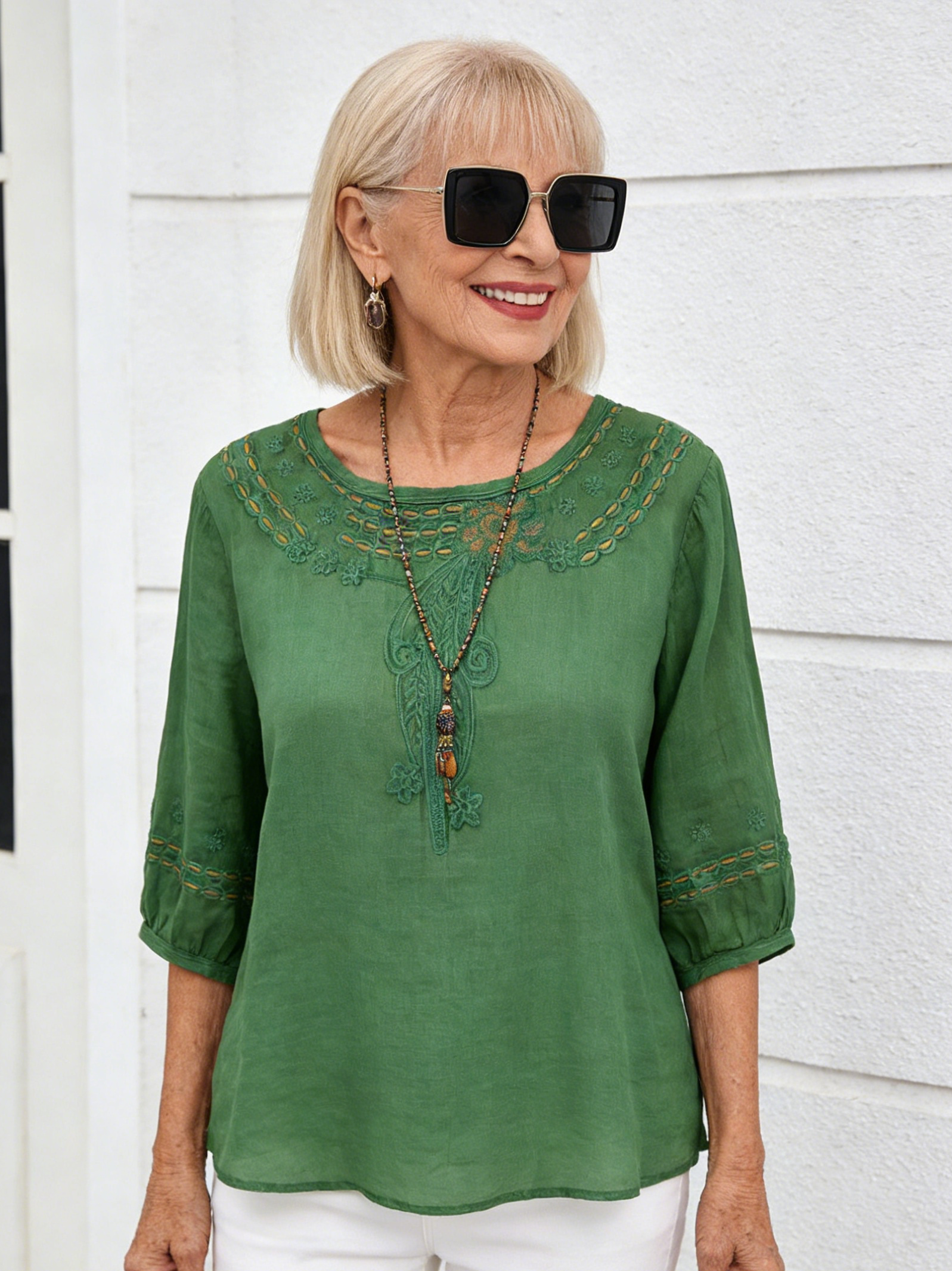 Cotton and Linen Embroidered Shirt with Seven-quarter Sleeves, Thin Temperament, Loose and Versatile Pullover Top