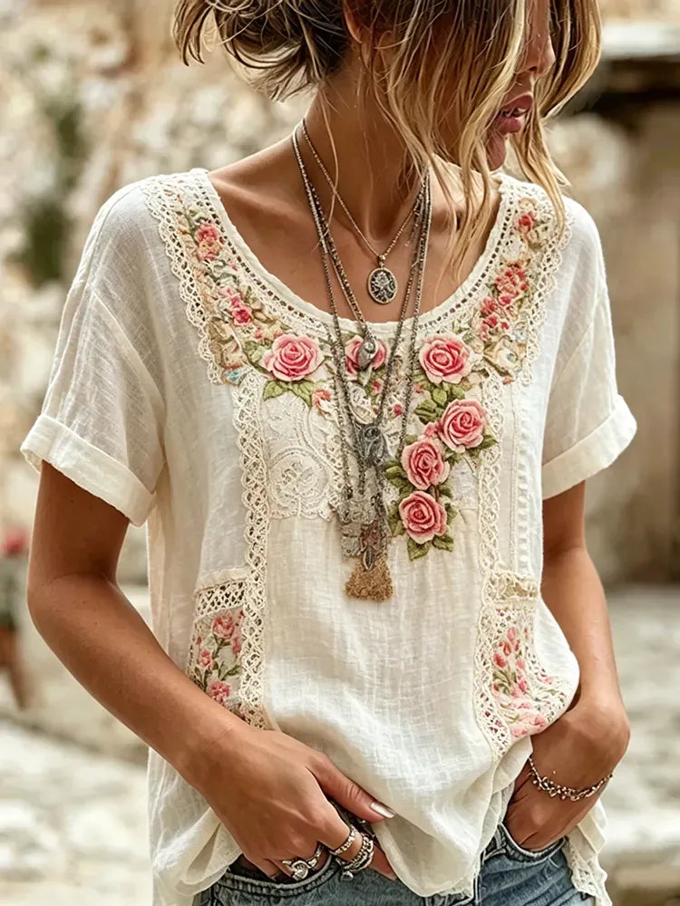 Women's casual floral print cotton and linen round neck top