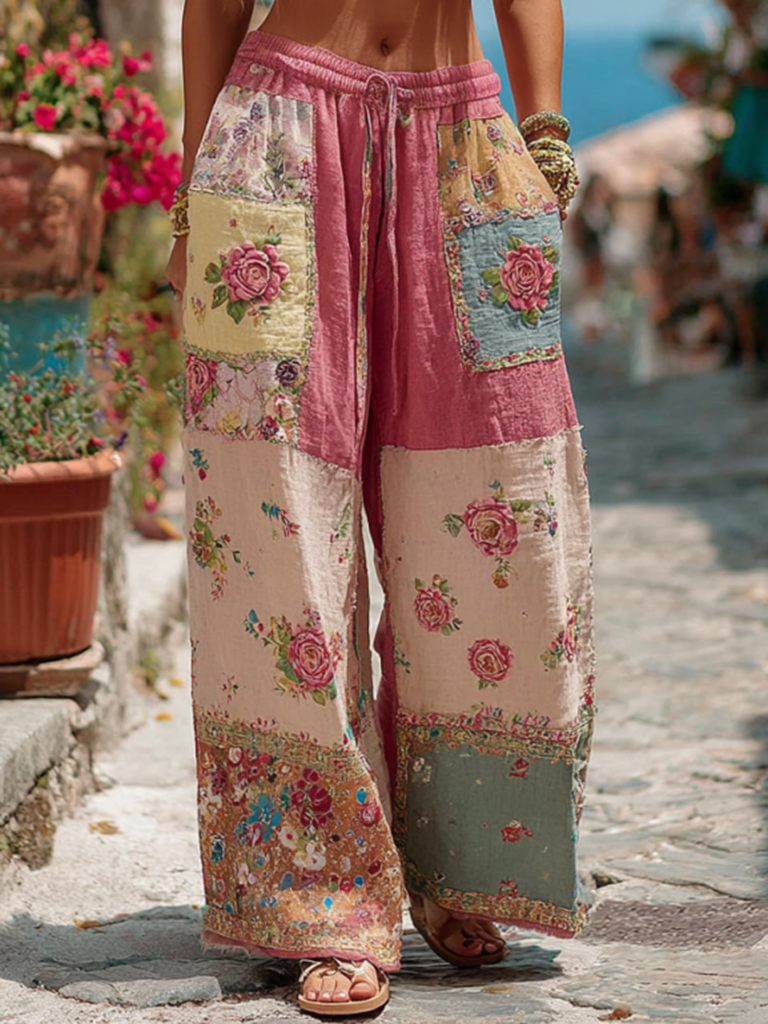 Vintage Retro Rose And Floral Patchwork Art Linen Pants